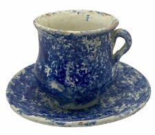 Antique ~ Cobalt Blue Spatter Ware 💙Childs Cup & Saucer Handmade Pottery picture