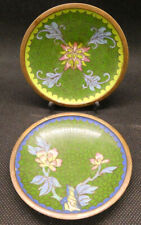 Two Small Brass Cloisonné Enamel Pin Dishes or Plates - Flowers on Green Back picture