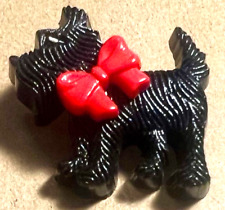 Adorable Lg Realistic Plastic SCOTTY SCOTTIE Dog Black w Red Bow 1  1/8” Button picture
