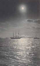 Ships Docked in New York Harbor under Moonlight Undivided Back Vintage Post Card picture