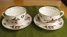 Vintage ROYAL WORCESTER Cup Saucer JUMBO Sets (2) FOX HUNT EQUESTRIAN HORSE  VIP picture