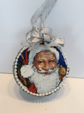 Vintage Paper Mache Christmas Ball Ornament Handmade Decoupage Santa Beads 3.5