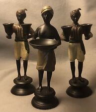Antique Solid Brass Painted Nigerian/Indian Servant Boy Candle & Incense Holders picture