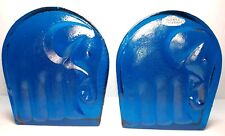 2  Vintage Blenko Glass Cobalt Blue Elephant Bookends by Joel Myers 1960's HEAVY picture
