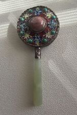 Vintage Encrusted Stone Jade Look Handle Small Hand Mirror Silver Tone picture