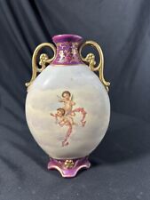 Victoria Carlsbad Austria Double Handled Porcelain Vase With Cherub Design 6” H picture