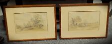 Antique Pair of watercolors in matching Tiger Oak frames with glass picture