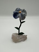 Carved Stone 4.5” Blue Flower Figurine on Rose Quartz Gemstone Base picture