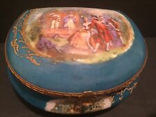 Beautiful Turquoise Sevres Style Porcelain Box Romantic Scenes Signed  Gil picture