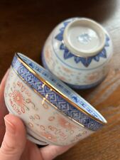 2 Vintage Chinese Rice bowls - Porcelain, blue, white, orange & gold, floral picture