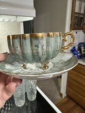 Vtg Royal Sealy China Turquoise Pearlescent Footed Pierced Gold Tea Cup Saucer picture