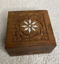 Vintage Wood Hand Carved Inlay India Sheesham Trinket Jewelry Hinged Box Small picture