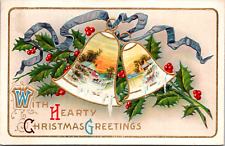 Vintage C 1910 With Hearty Christmas Greetings Bells Winter Snow Ice Postcard  picture