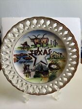 Vintage Texas Souvenir Plate Gold Open Lacework Rim Ceramic 1960's 8” picture