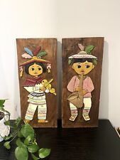 Vintage Mexican Folk Art Carved Wood Set Of Young Girl And Boy Wood Plaque picture