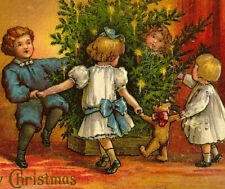 Antique Postcard Christmas 1909 Ephemera Tree With Children And Teddy Bear 1145 picture