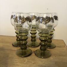 Vintage German Bacchus Roemer Wine Glasses Gold Grape Olive Green Stems Set of 5 picture