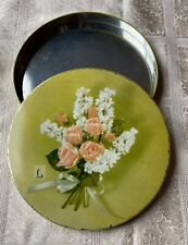 Vintage - Loft's  Green Candy Tin 10” Round, Lithograph Pink Roses and Hyacinth picture