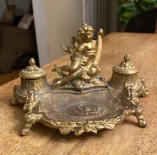 Antique 1880s VICTORIAN Gilded DOUBLE INKWELL Cherub Heavy Bronze (?) BEAUTIFUL picture