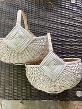 2 Hand Woven Rib Buttocks Baskets White Gods Eye Decorative With Handle Vintage picture