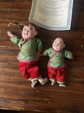 2 Vtg Antique Chinese Composition Dolls- Little Girl & Boy Silk Clothing M84194 picture
