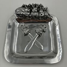 Vintage BETTY BARRENA Aluminum Rabbit Plate with Butter Spread Beaver Knives picture