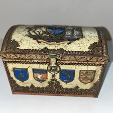 Vintage Treasure Chest Tin Box Medieval Trunk Trinket W Germany Hinged Lid Crest picture
