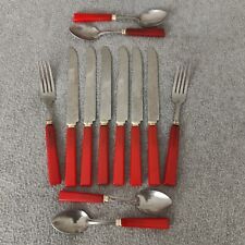 Vintage  Sta-Brite Cherry Red Bakelite Stainless Flatware Lot of 12 picture