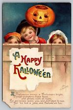 Postcard Happy Halloween Children Fence JOL on Stick Clapsaddle picture