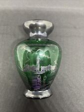 Green Glass Vase Silver Overlay Hand Painted Venice Scape 4 1/4”H picture