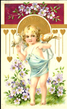 Antique Postcard Valentine Love's Token Cupid Hearts Doves Purple Floral 1909 picture