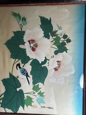 ANTIQUE FRAMED CHINESE ASIAN HAND PAINTED BIRD FLOWERS ON SILK  SIGNED STUNNING picture