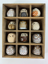 Vintage Emson Miniature Pottery Owl Figurines in Wood Shadowbox Taiwan 1970s picture