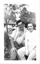 HAIRY CHESTED GAY MAN MANSPREADING NEXT TO FEMALE FRIEND ~ 1940s VINTAGE PHOTO picture