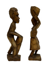 Vintage Artisan Hand Carved Wood Figures Set of 2 People Rustic Table Top picture