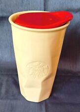 Starbucks 2013 Faceted Off White 10oz Ceramic Tumbler Travel  Mug W/ Red Lid EUC picture