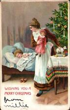 MOTHER WATCHES OVER CHILD, DOLL On Beautiful Vintage 1907 CHRISTMAS Postcard picture