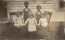 RPPC Edwardian children poverty boys coveralls barefoot 1903-20s real photo PC picture