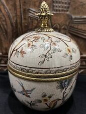 Vintage Gorgeous Porcelain Hand Painted Metal Accent Egg Trinket Box picture