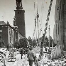 Antique 1920s Logging Boats In Stockholm Sweden Stereoview Photo Card V3010 picture