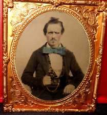 Sharp 1/6th Size Neff Pat. tinted Tintype of young man in brass mat/frame picture