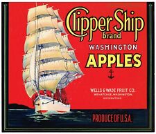 ORIGINAL CRATE LABEL VINTAGE WENATCHEE 1930S SCARCE CLIPPER SHIP RED OVERPRINT picture