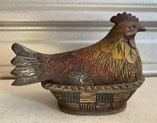 Large Wood Carved Vintage Hen On Nest Box Folk Art Chicken Nest Farmhouse picture