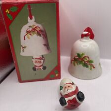 Santa And Poinsettia Hand Painted Vintage Christmas Ornament Bell NIB VTG picture