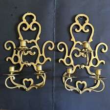 2 Vintage Solid Brass Wall Sconce scroll Candlestick Holder 3 candle holder picture