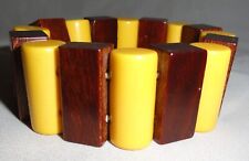 Bakelite Stretch Bracelet Butterscotch w/Brown Marbled Wood Rectangle Beads picture