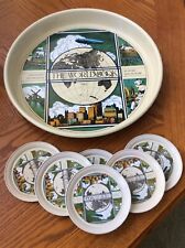 Vintage World Book Round Metal Serving Tray with 6 Matching Ashtrays picture
