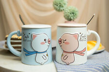 Ebros Pack Of 2 Valentines Love Pigs Blue And White Coffee Mugs With Lid & Spoon picture
