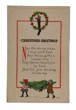 Vintage Postcard Christmas Greetings Poem Children Carrying Tree c1913 (A247) picture