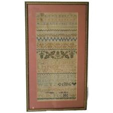 Antique Needlepoint Sampler 1786 Designs & Alphabets, Framed & Matted, 12